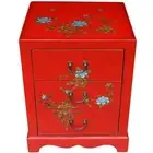 New Chinese Red 3 Draw Bedside Table - Hand Painted Flowers and Birds