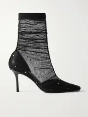 [Jimmy Choo] Jimmy Choo - Lotta Ab 85 Crystal-embellished Tulle And Satin Sock Boots - Black - IT38 IT 38 Black