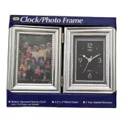 New Photo Frame Clock Battery Operated 3.5x5 Pictures Silver Tone Home Decor