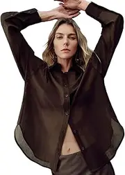 [URBAN REVIVO] Women's Button Down Shirt Long Sleeve Polo Collared Chiffon Loose Fit Blouses Tops Casual