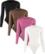 [Liloak] Women's 4 Pack Bodysuits Long Sleeve with Multi Necklines, Stretchy Basic Ribbed Body Suits Tops for Women Casual