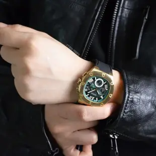 【GUESS】金框 綠面 三眼日期顯示 圓角方型 黑色矽膠錶帶 男錶 手錶 母親節(GW0571G3)