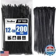 200 PCS Zip Ties 12 Inch, Cable Ties 50lbs Tensile Strength, Black Zip Ties f