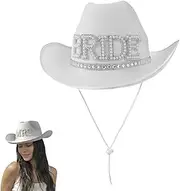 [Hemore] Bride Cowgirl Hat, White Bride Cowboy Hat with Pearl Diamond, Wide Brim Panama Cap, Bride Captain Hat for Bachelorette Party Supplies