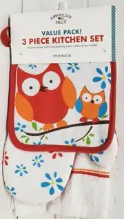 3 pc KITCHEN SET: 1 POT HOLDER, 1 OVEN MITT & 1 TOWEL, 2 OWLS ON THE TREE by AM