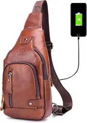 BULLCAPTAIN Genuine Leather Sling Backpack with USB Charging Port Multi-pocket Chest Bag Hiking Travel Daypack XB-129