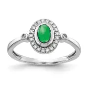 Solid 14k White Gold Simulated CZ and Oval Cabochon Emerald Halo Ring