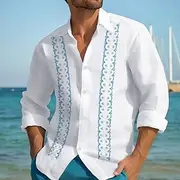 Men's Linen Shirt Guayabera Shirt Summer Shirt Casual Shirt Beach Shirt Striped Vacation Hawaiian White Blue Khaki Gray Long Sleeve Lapel Spring Summer Clothi