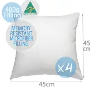 4x Aus Made Memory Resistant Microfibre Cushion Inserts Polyester Pillow 45x45CM