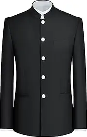 [Aosufei] Men's Chinese Tunic Suits Mandarin Collar Formal Suit Jacket Solid Front Button Blazer Traditional Uniform
