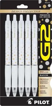 Pilot G2 Fashion Collection Gel Ink Pens 0.7mm - 5x BLACK INK (WHITE DOT)