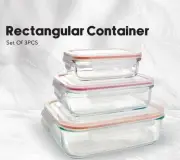 3 Piece Glass Food Storage Airtight & Rectangula Containers Set - Snap Lock Lids