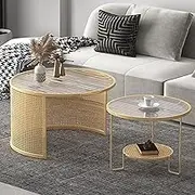 EKDJSN Nesting Table Set, Coffee Tables with Unique Semi-Circular Table Legs, Iron Woven Rattan+Glass, No Need Assembly Coffee Table Set, Blac/Gold/White(Gold,27in+20in)