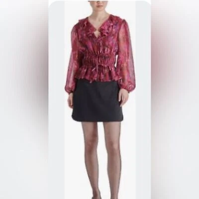 Steve Madden Red Floral Semi Sheer Boho Cottage Career Office Blouse Large