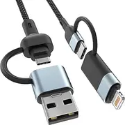 DCNETWORK 4-in-1 USB C Cable Lightning Cable 60W [Fast Charging & Data Sync] 6FT Multi IP-ad Charger Cable Charging Cord Lightning/Type C/USB A Ports for iPhone 15/15 Pro/15 Plus/15 14 Pro Max