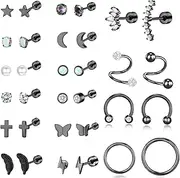 [PLOMFOV] 20G Stainless Steel Stud Earrings Set for Women Men CZ Leaf Heart Star Moon Butterfly Flat Back Earrings Cartilage Earrings Stud Hoops 16G Helix Tragus Earrings Piercing Jewelry