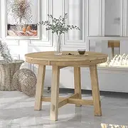 Bellemave Round Dining Table, Wood Extendable Kitchen Table with 16" Leaf, Round Top Tabletap and X Trestle Pedestal Base for Dining Room, Kitchen, Oak Wood Dinner Table, Natural.