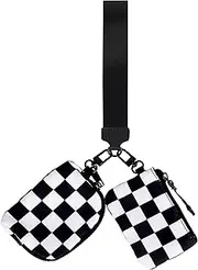 [BUNCHBRAVO] Wrist Keychain Mini Wallet for Women, Checkered Zip Around Wristlet Wallet, Detachable Dual Coin Purse, Black and White Plaid