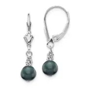 Real 14K White Gold 5-6mm Black Semi-round FWC Pearl Leverback Earrings