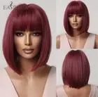 EASIHAIR Short Straight Bob Wigs with Bang Burgundy Natural Synthetic