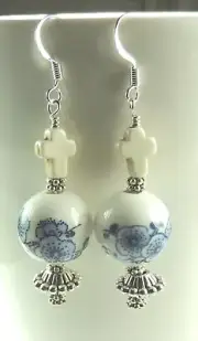 White Porcelain Earrings & Blue Flowers White Crosses Beads Handmade Jewelry