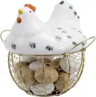 Hot Metal Wire Mesh Egg Storage Basket w/ White Ceramic Chicken Shaped Top Lid