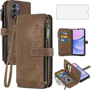 [Asuwish] Phone Case for Samsung Galaxy A15 5G/4G Wallet Cover with Tempered Glass Screen Protector and Leather Flip Credit Card Holder Stand Lanyard Rugged Cell Accessories A 15 G5 15A Women Men Brown