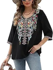 [AK] Women's Summer Boho Embroidery Mexican Bohemian Tops Shirt Tunic Blouses