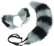 Cat Ears and Wolf Fox Animal Tail Cosplay Costume Faux Fur Hair Clip Headdress Halloween Leather Neck Chocker Set(Grey&Black)