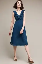 NEW Anthropologie Pleated Isere Ruffled V-Neck Dress by Lucy Paris Size XSP