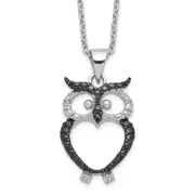 Sterling Silver Cheryl M Rhodium-Plated And Black Rhodium Accent Brilliant-Cut White Cz Owl 18 Inch Necklace