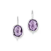 Sterling Silver Rhodium Plated Amethyst Oval Dangle Earrings