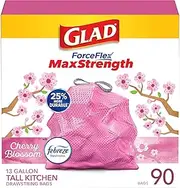 Glad ForceFlex MaxStrength Tall Kitchen Drawstring Trash Bags, 13 Gallon, Cherry Blossom with Febreze Freshness, 90 Count
