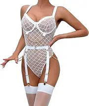 [SNOMYRS] Teddy Bodysuit Lace Mesh Chains Fishnet Lingerie With Garter Belt Set Badydoll Plus Size
