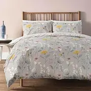 100% Cotton Print Quilt Cover Set - Ultra Soft, Comfy, Reversible Duvet Cover with Press Studs Closure - Elegant Quilt Cover Set for Bedding (Grey Floral, Queen)