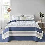 FineStichery Oversized Quilt Bedspread Coverlet Set, 120"x102" 100% Cotton Extra Large Queen Quilt, Blue Striped Botanical Pattern, Lightweight Soft Quilted Farmhouse Bedding Set