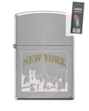Zippo 2116 New York City Skyline Brushed Chrome Lighter + FLINT PACK