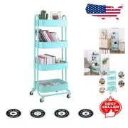 4-Tier Turquoise Metal Rolling Utility Cart with Lockable Wheels for Storage