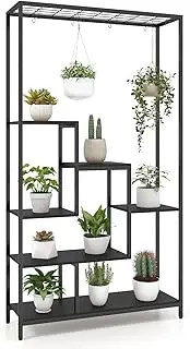 [Costway] 6-tier Tall Plant Stand, 180 CM Metal Indoor Plant Shelf w/ 10 Hanging Hooks & Wire Shelf for Multiple Plants, Multipurpose Plant Display Rack for Balcony, Living Room, Black (Black)