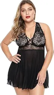 [Generic] Womens Sexy Plus Size Silk Nighty Satin Lingerie Chemise Sets Plus Size Babydoll Snap Crotch Lingerie