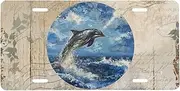 Dolphins Ocean Art License Plate Frame for Car Universal, Animal Aluminum Car Front License Plate Cover
