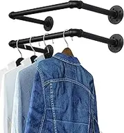 OROPY Industrial Pipe Clothes Rack 21.2” Set of 2, Heavy Duty Wall Mounted Black Iron Garment Bar, Multi-Purpose Clothing Hanging Rod for Laundry Room and Closet Storage