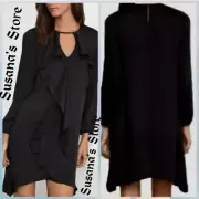 NWT BCBG MAXAZRIA SIZE M Satin Black Ruffle Long Sleeve Mini Shift Dress $198.00