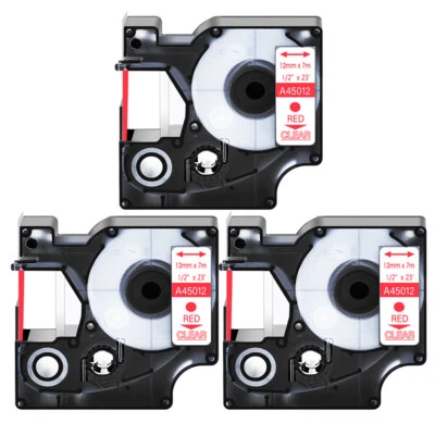 3PK Red on Clear Label Tape 12mmx7m For DYMO D1 45012 LabelManager 400 450 450D