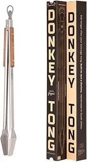BBQ Tongs 27 inch Long Grill Tongs - Donkey Tong - Stainless Steel, Locking Tongs, Bottle Opener, Wooden Handles, Premium Tongs - Donkey Long Tong