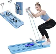 Pilates Machine, Adjustable Resistance Board, Portable Foldable Abdominal Fitness Board with Elbow Support, Ab Roller Exercise Wheel Home Gym Equipment, Blue, PP and TPE Material