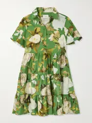 [Erdem] Erdem - Gathered Tiered Floral-print Cotton-poplin Mini Shirt Dress - Green - UK 12 UK 12 Green