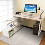 Corner Student Study Table U Shape Computer Desk With Rotatable Bookshelf White