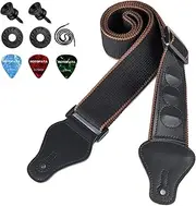 ROTOPATA Guitar Strap with Pick Holders, 2 Buttons 2 Locks 3 Guitar Picks, Cotton Strap with Leather Ends, Length Adjustable