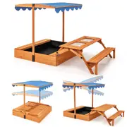 Costway Sandpit Wooden Sandbox Set w/Cover Rotatable Canopy & Foldable Picnic Sensory Table Bench Outdoor Sand Pit